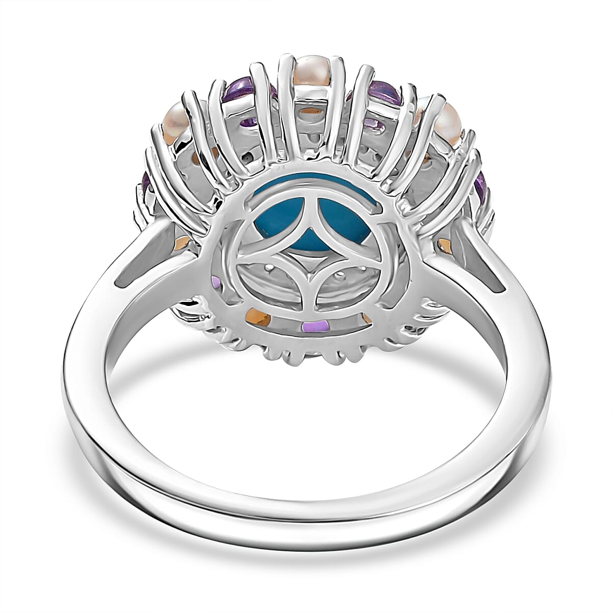 D'joy The REGAL Sleeping beauty Turquoise with Pearls and Amethyst Solitaire Ring in Rhodium Overlay Sterling Silver 2.67 Ct.