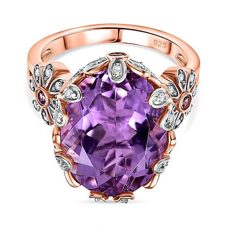 AAA Rose De France Amethyst, White Zircon & Lotus Garnet Solitaire Ring in 18K Vermeil Rose Gold Plated Sterling Silver 9.24 Ct.