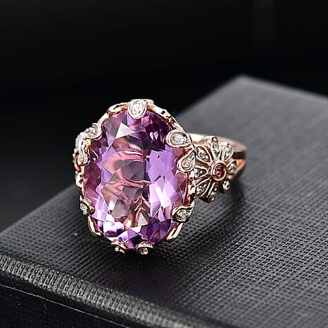 AAA Rose De France Amethyst, White Zircon & Lotus Garnet Solitaire Ring in 18K Vermeil Rose Gold Plated Sterling Silver 9.24 Ct.