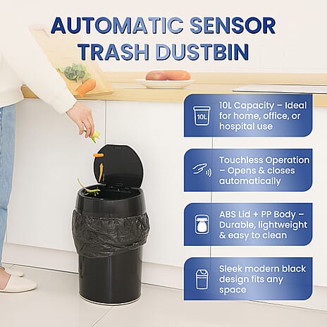 Automatic Sensor Trash Dustbin with Touchless Lid - Bag Retainer Ring (10L) - Black
