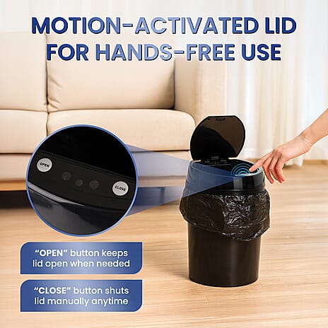 Automatic Sensor Trash Dustbin with Touchless Lid - Bag Retainer Ring (10L) - Black