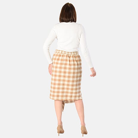 Check Pattern Asymmetric Hem Midi Skirt (Size L) - Camel