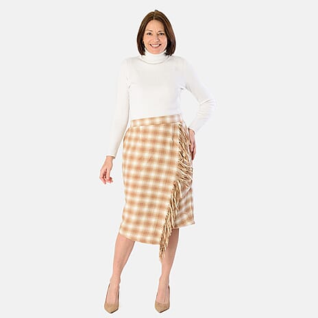 Check Pattern Asymmetric Hem Midi Skirt (Size XL) - Camel