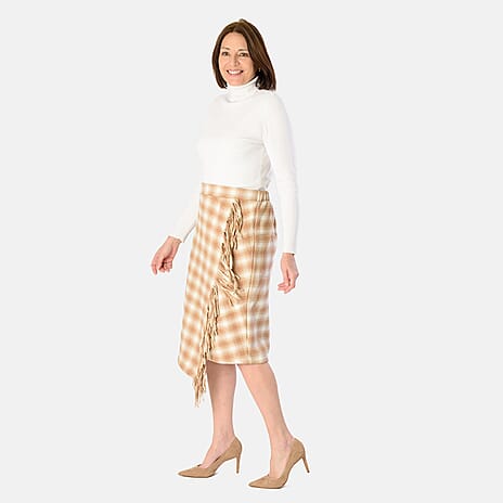 Check Pattern Asymmetric Hem Midi Skirt (Size XL) - Camel