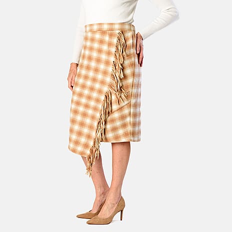 Check Pattern Asymmetric Hem Midi Skirt (Size XL) - Camel