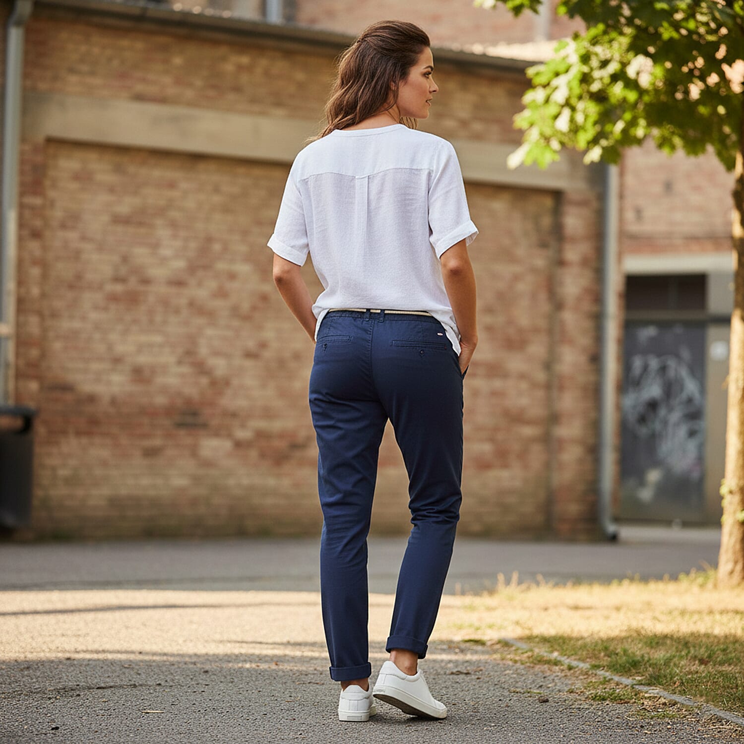 Ladies Cotton Blend Trousers with Rope Belt (Size - XS) - Blue