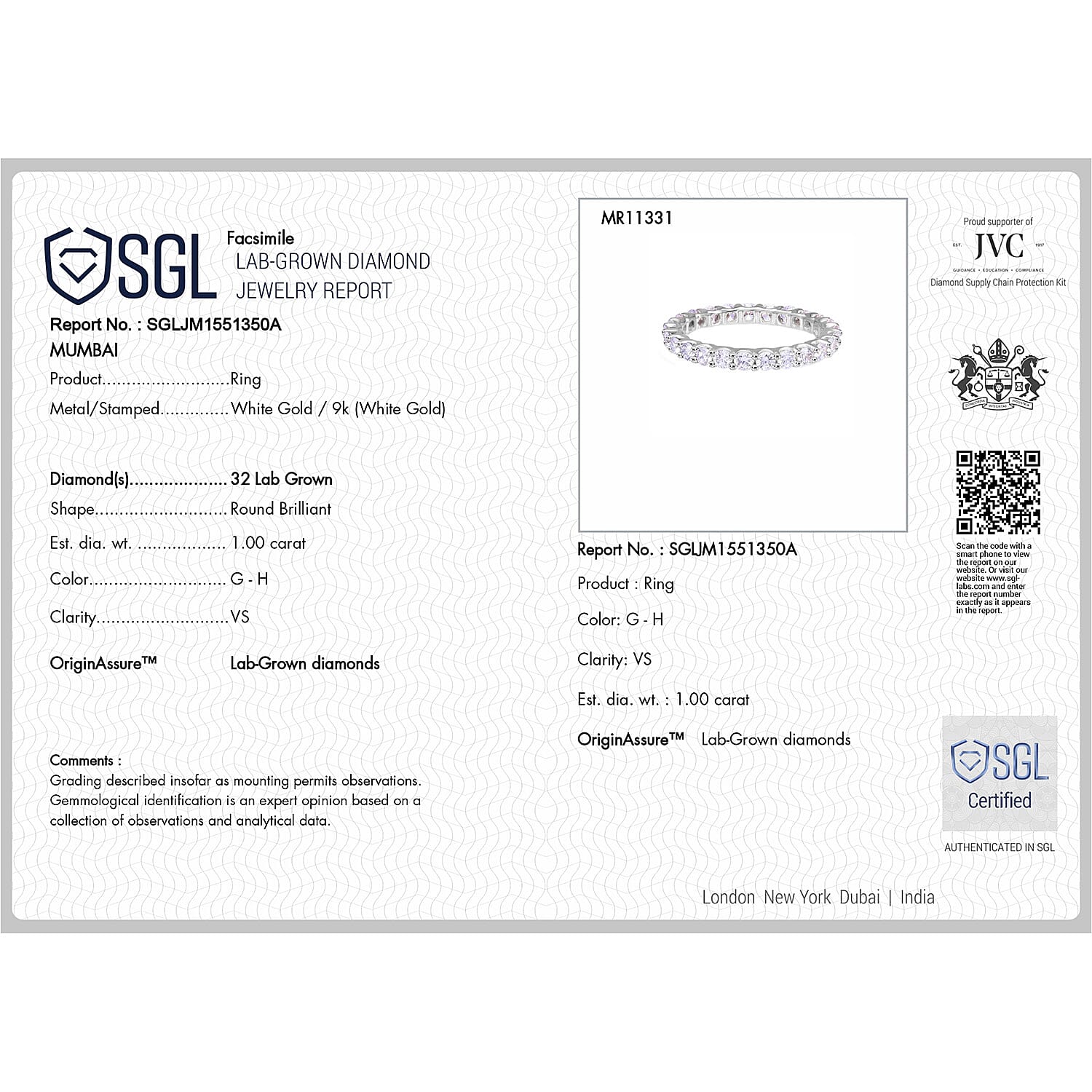 Luxuriant Diamond 9K White Gold SGL Certified Lab Grown Diamond (VS-G-H) Ring 0.99 Ct.