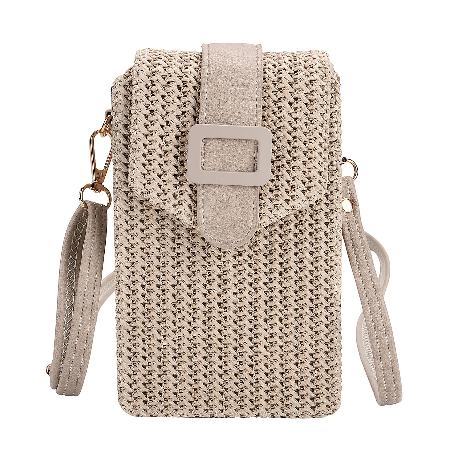 Boho Braided Texture Crossbody Bag with Buckle Flap - Khaki