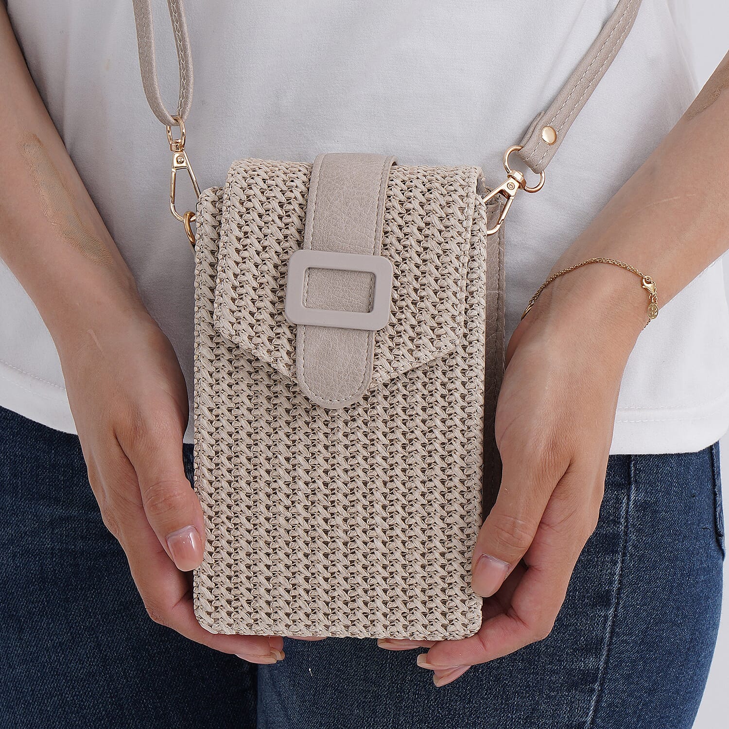 Boho Braided Texture Crossbody Bag with Buckle Flap - Khaki