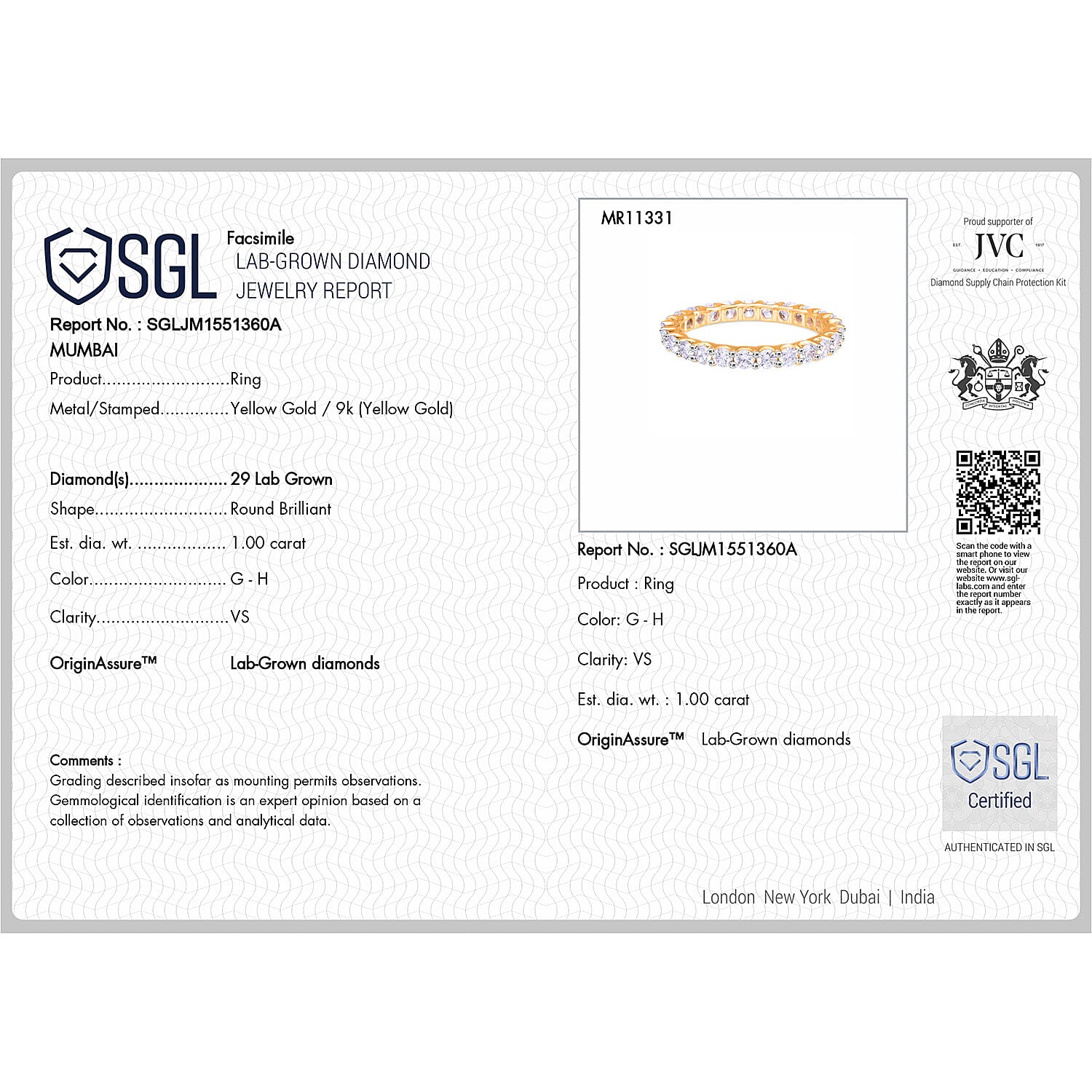 DOD - Luxuriant Diamond 9K Yellow Gold SGL Certified (VS-G-H) Lab Grown Diamond Eternity Band Ring 1.00 Ct.