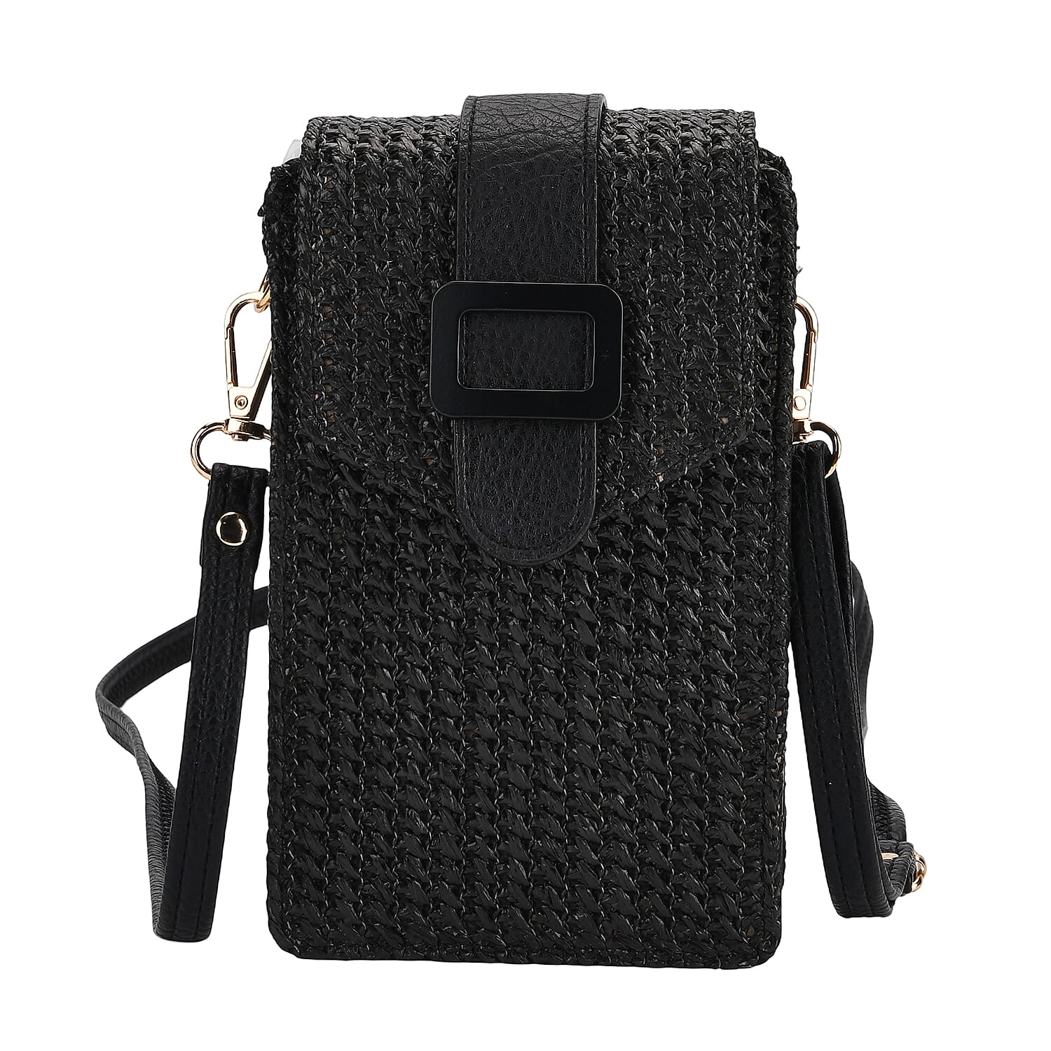Boho Braided Texture Crossbody Bag with Buckle Flap - Black