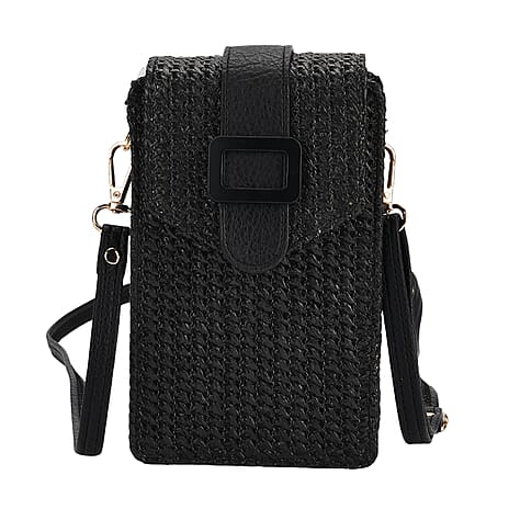 Boho Braided Texture Crossbody Bag with Buckle Flap - Black