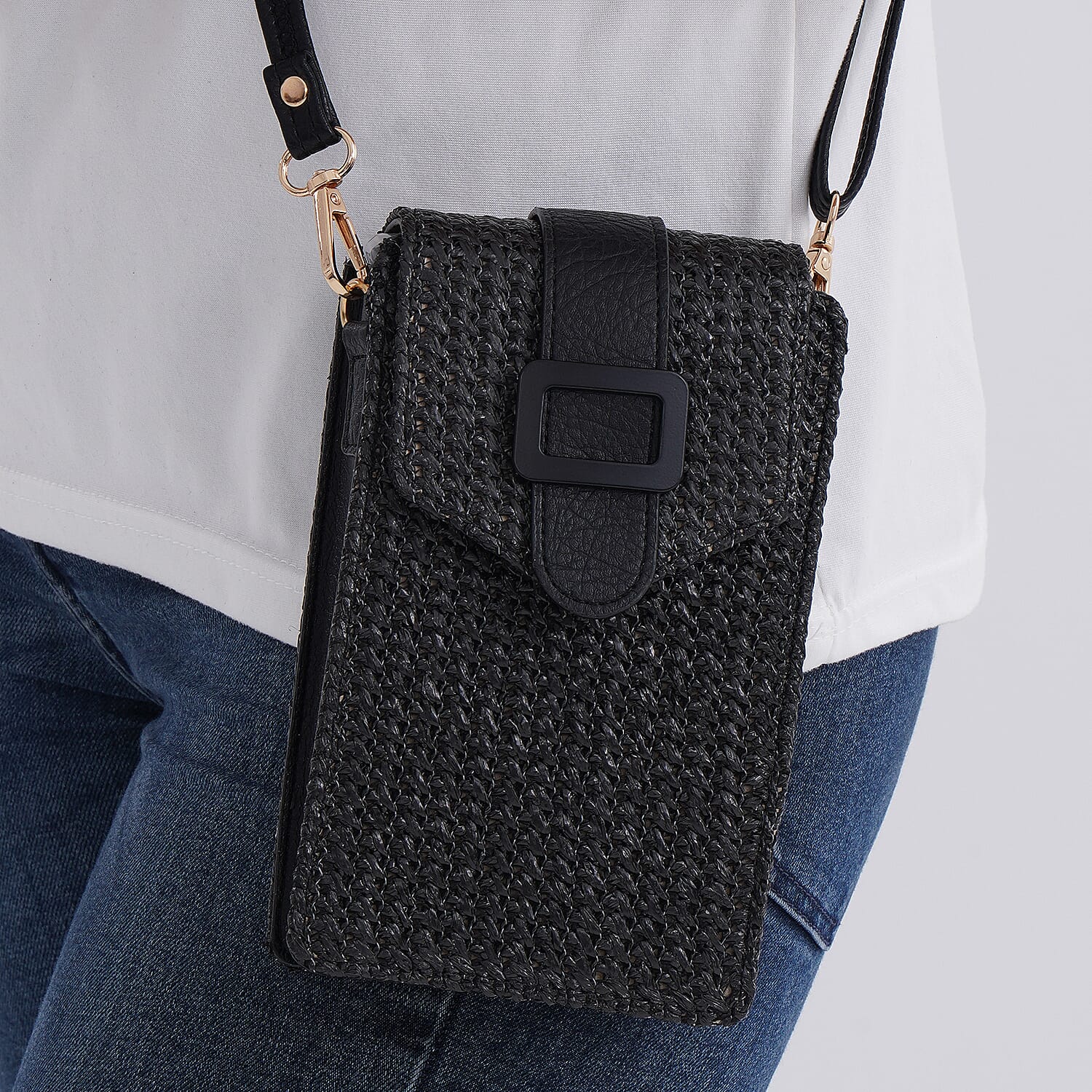 Boho Braided Texture Crossbody Bag with Buckle Flap - Black