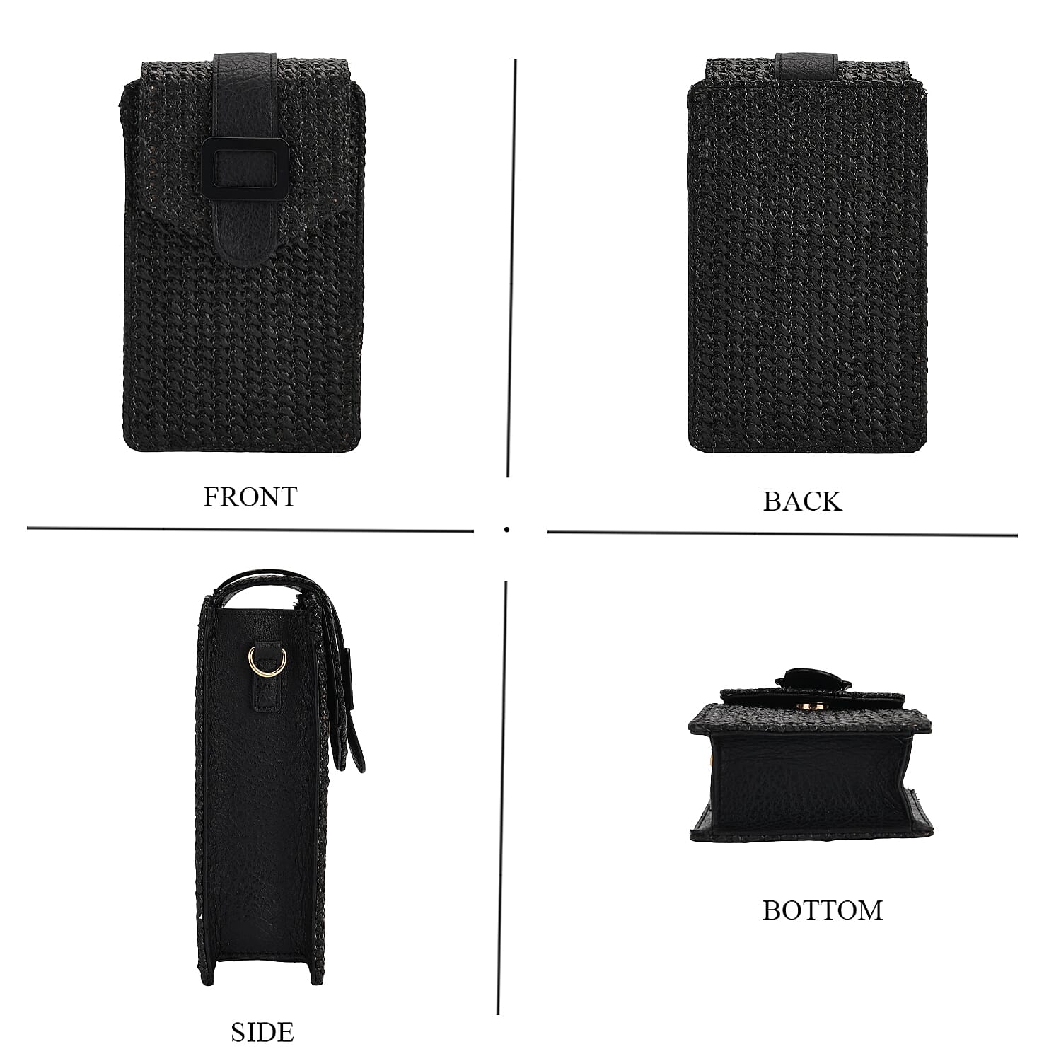 Boho Braided Texture Crossbody Bag with Buckle Flap - Black