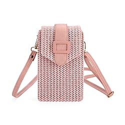 Boho Braided Texture Crossbody Bag with Buckle Flap - Pink