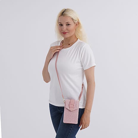 Boho Braided Texture Crossbody Bag with Buckle Flap - Pink