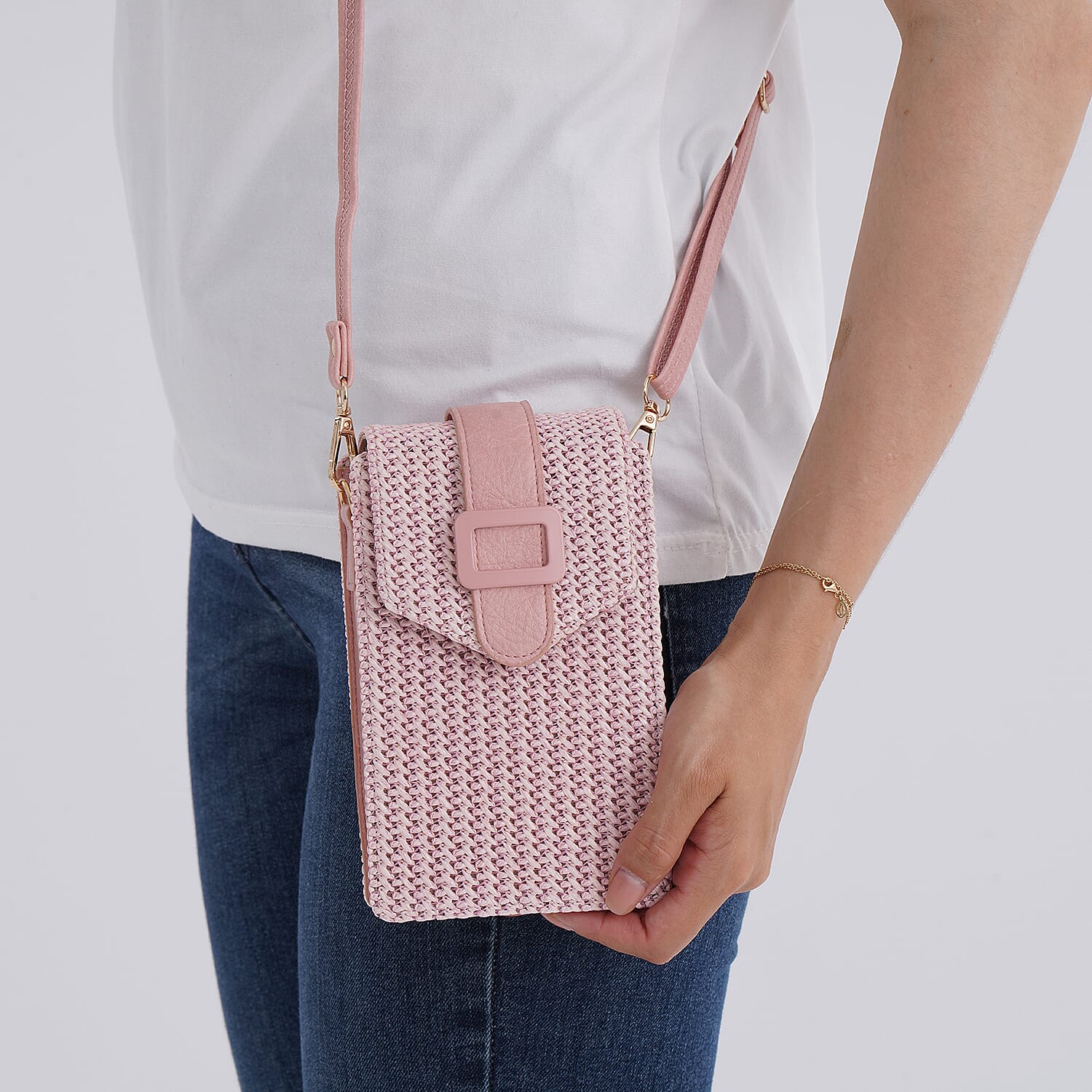 Boho Braided Texture Crossbody Bag with Buckle Flap - Pink