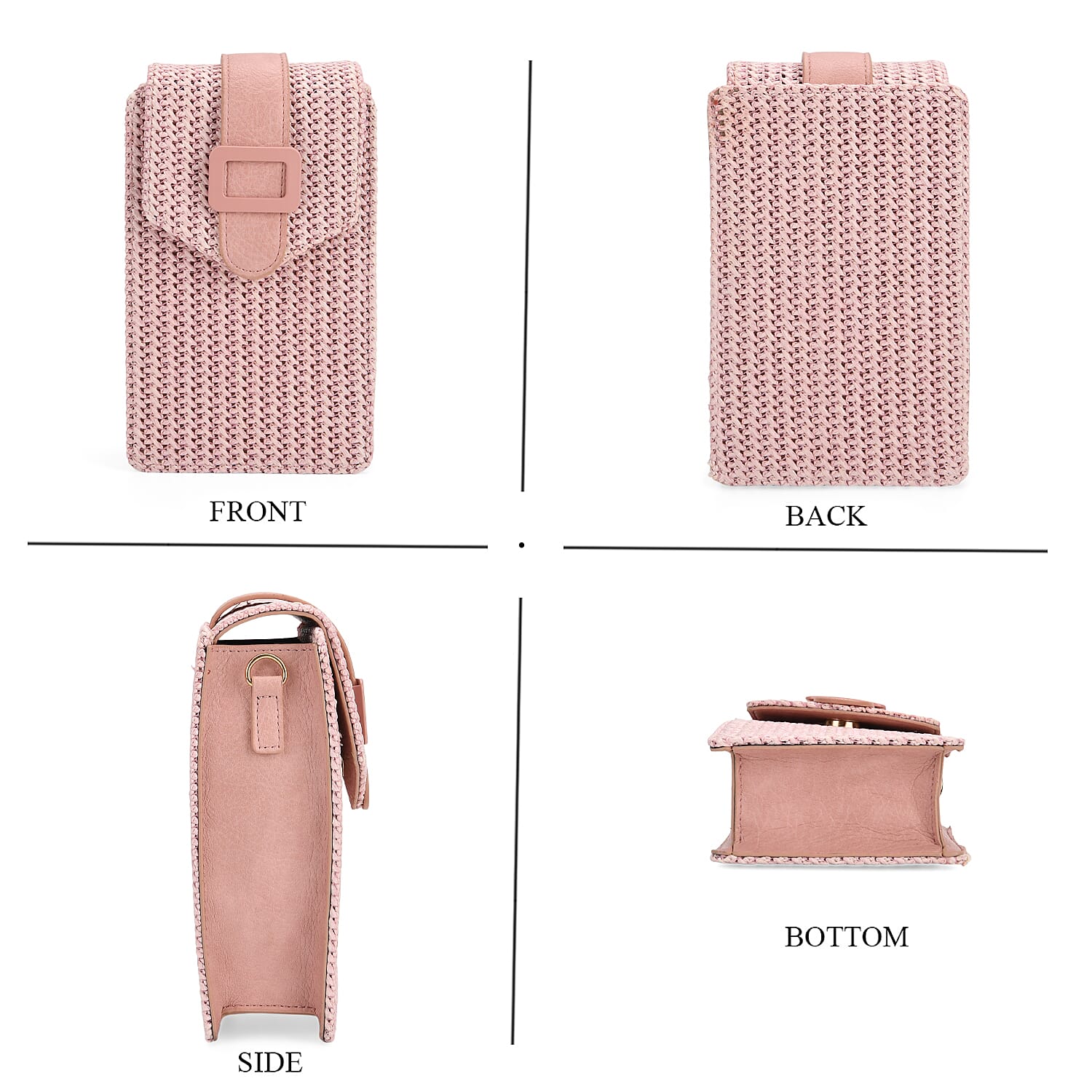 Boho Braided Texture Crossbody Bag with Buckle Flap - Pink