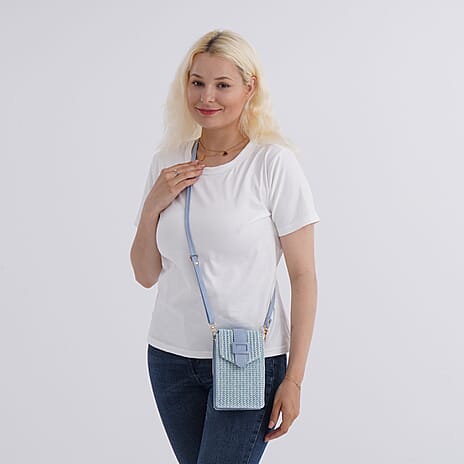 Boho Braided Texture Crossbody Bag with Buckle Flap - Sky Blue