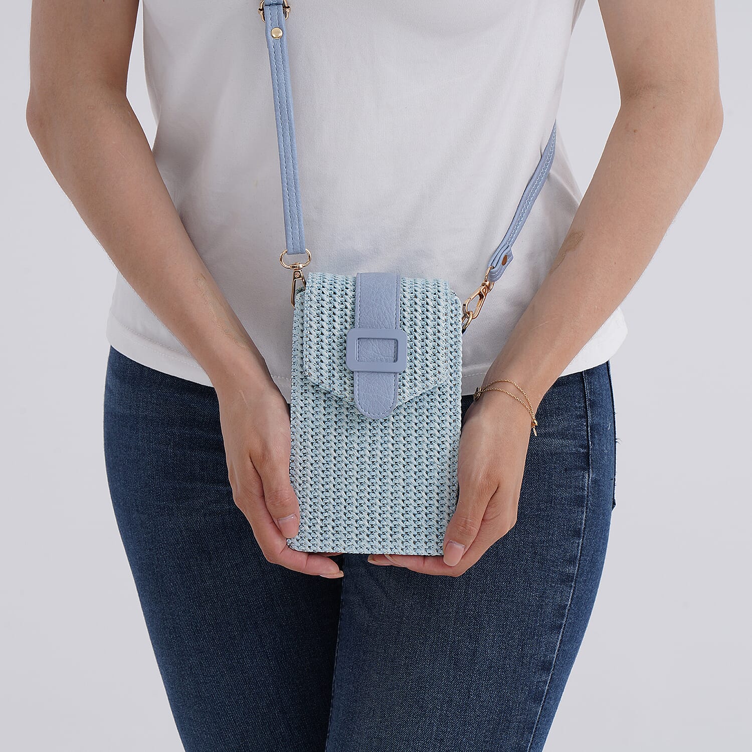 Boho Braided Texture Crossbody Bag with Buckle Flap - Sky Blue