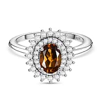 Premium AAA Golden Turkizite & White Zircon Double Halo Ring in Rhodium Overlay Sterling Silver 1.47 Ct.