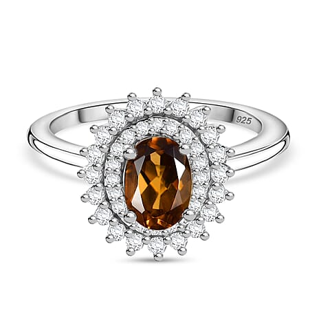 Premium AAA Golden Turkizite & White Zircon Double Halo Ring in Rhodium Overlay Sterling Silver 1.47 Ct.