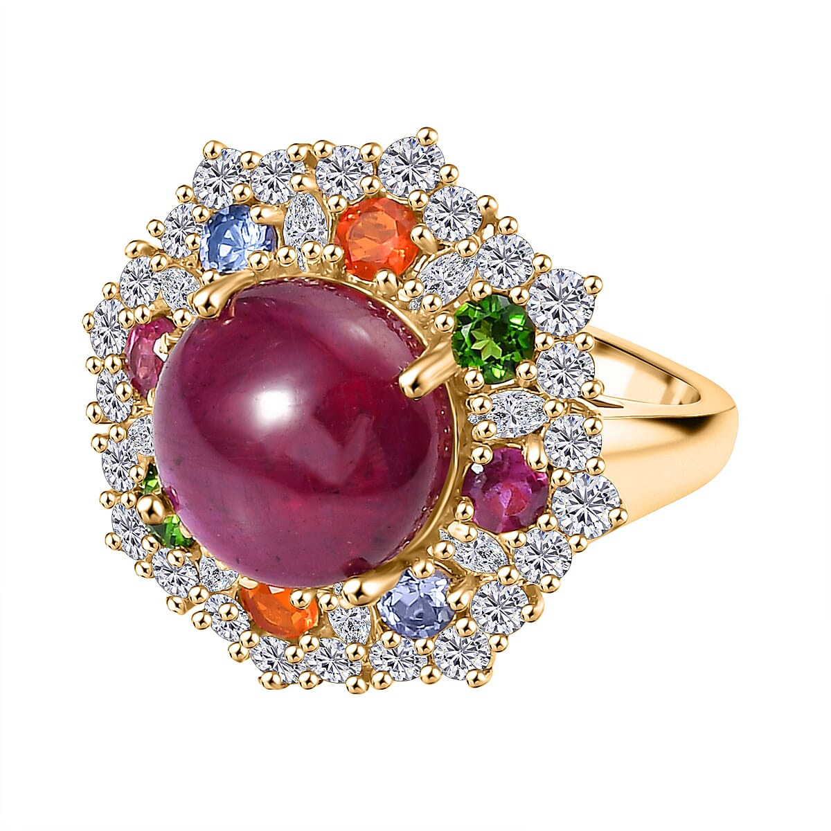 African Ruby & Multi Gemstones Solitaire Ring in 18K Vermeil Yellow Gold Plated Sterling Silver 10.95 Ct.