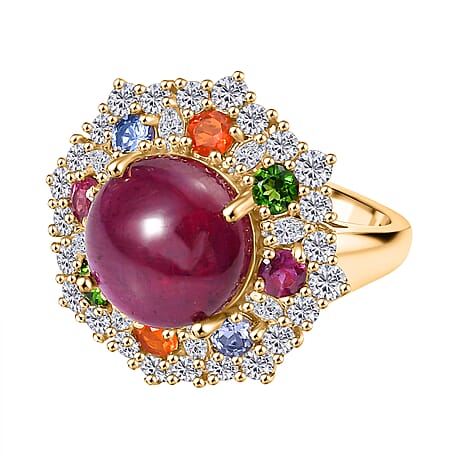 African Ruby & Multi Gemstones Solitaire Ring in 18K Vermeil Yellow Gold Plated Sterling Silver 10.95 Ct.