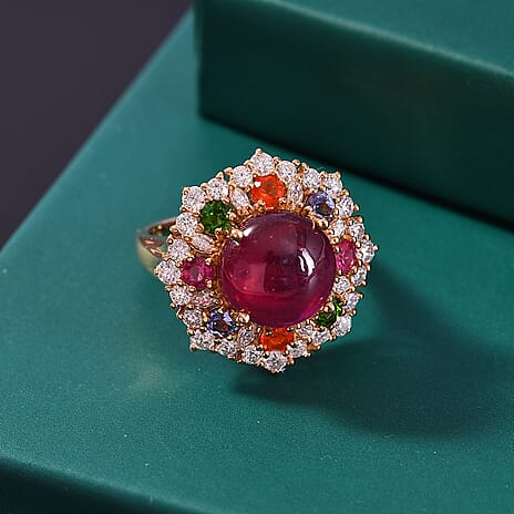 African Ruby & Multi Gemstones Solitaire Ring in 18K Vermeil Yellow Gold Plated Sterling Silver 10.95 Ct.