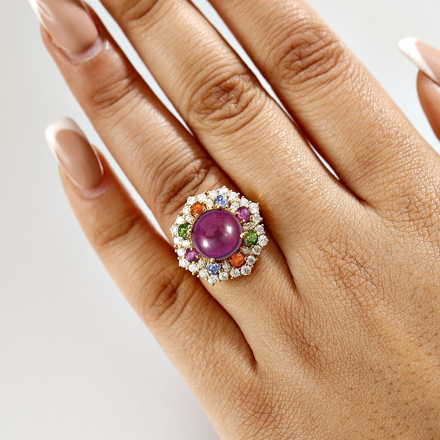 African Ruby & Multi Gemstones Solitaire Ring in 18K Vermeil Yellow Gold Plated Sterling Silver 10.95 Ct.