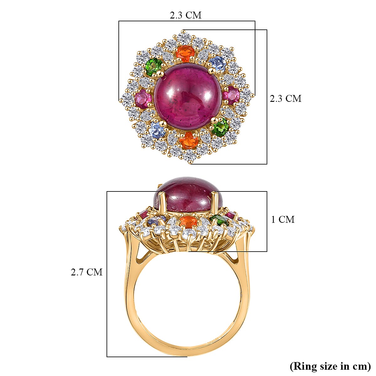 African Ruby & Multi Gemstones Solitaire Ring in 18K Vermeil Yellow Gold Plated Sterling Silver 10.95 Ct.