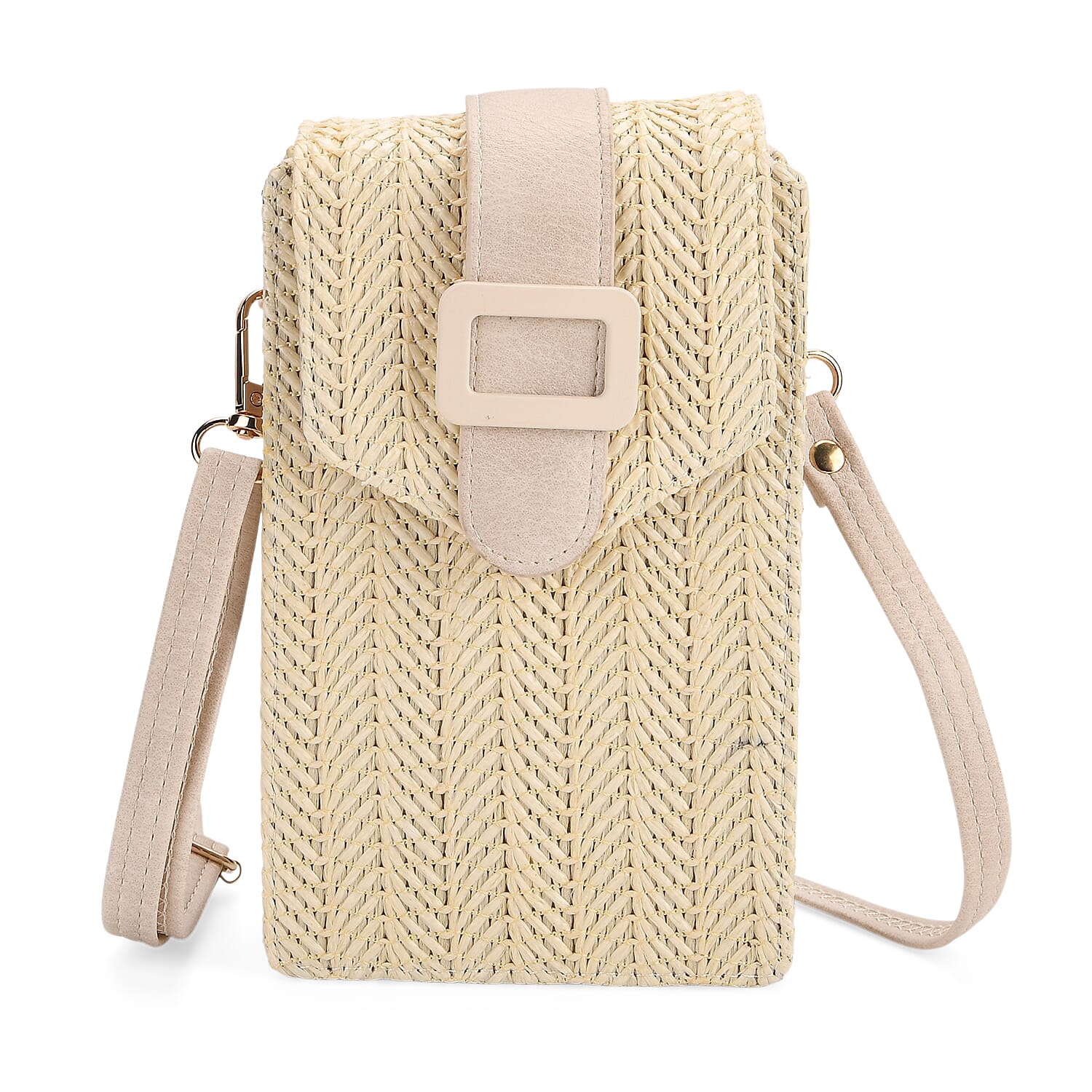 Herringbone Pattern Woven Crossbody Bag - Beige
