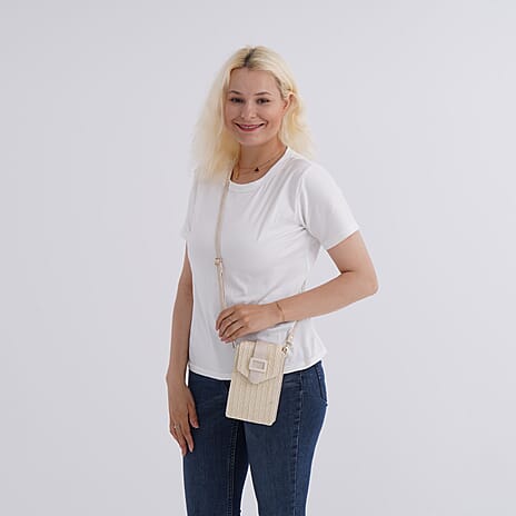 Herringbone Pattern Woven Crossbody Bag - Beige