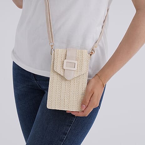 Herringbone Pattern Woven Crossbody Bag - Beige