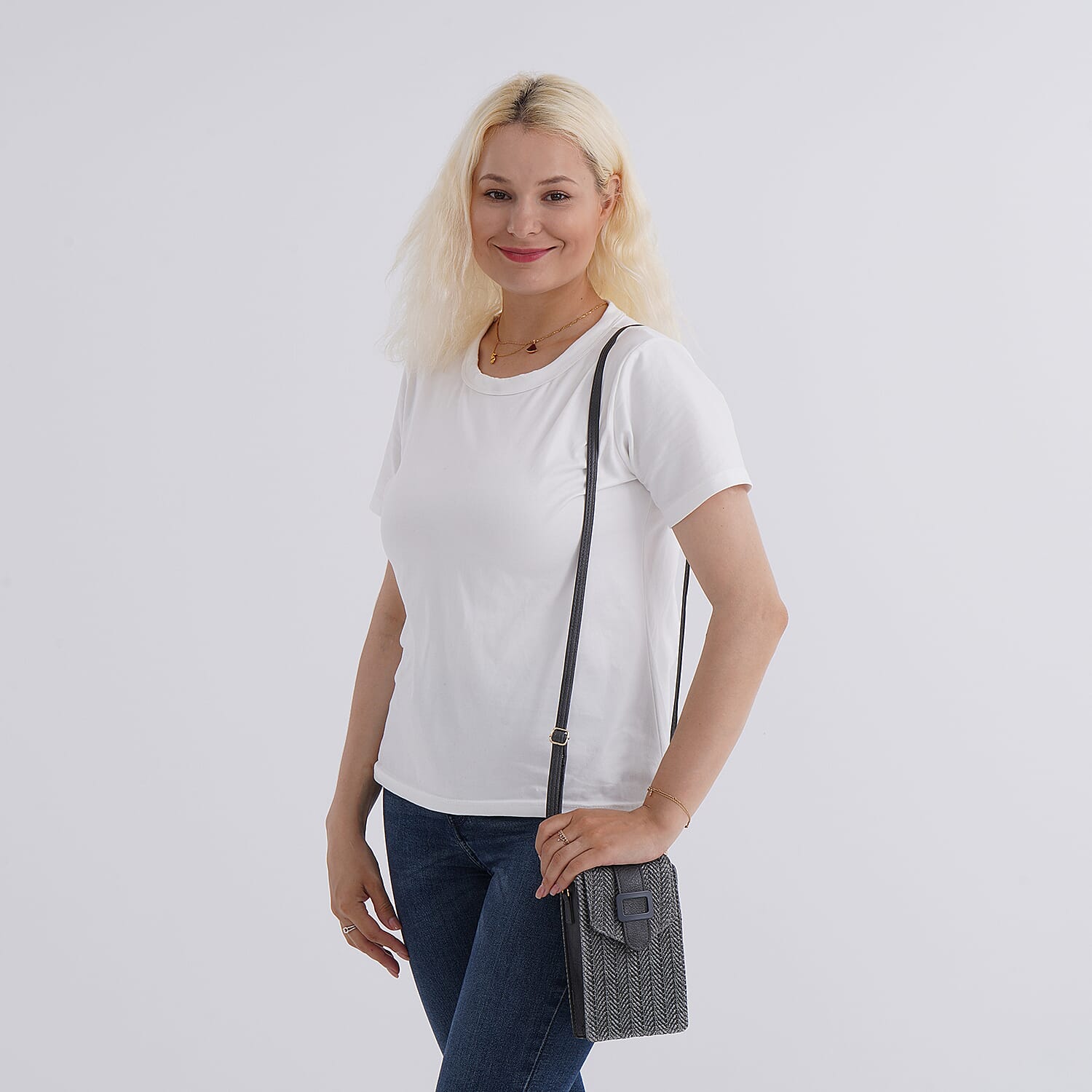 Herringbone Pattern Woven Crossbody Bag - Grey