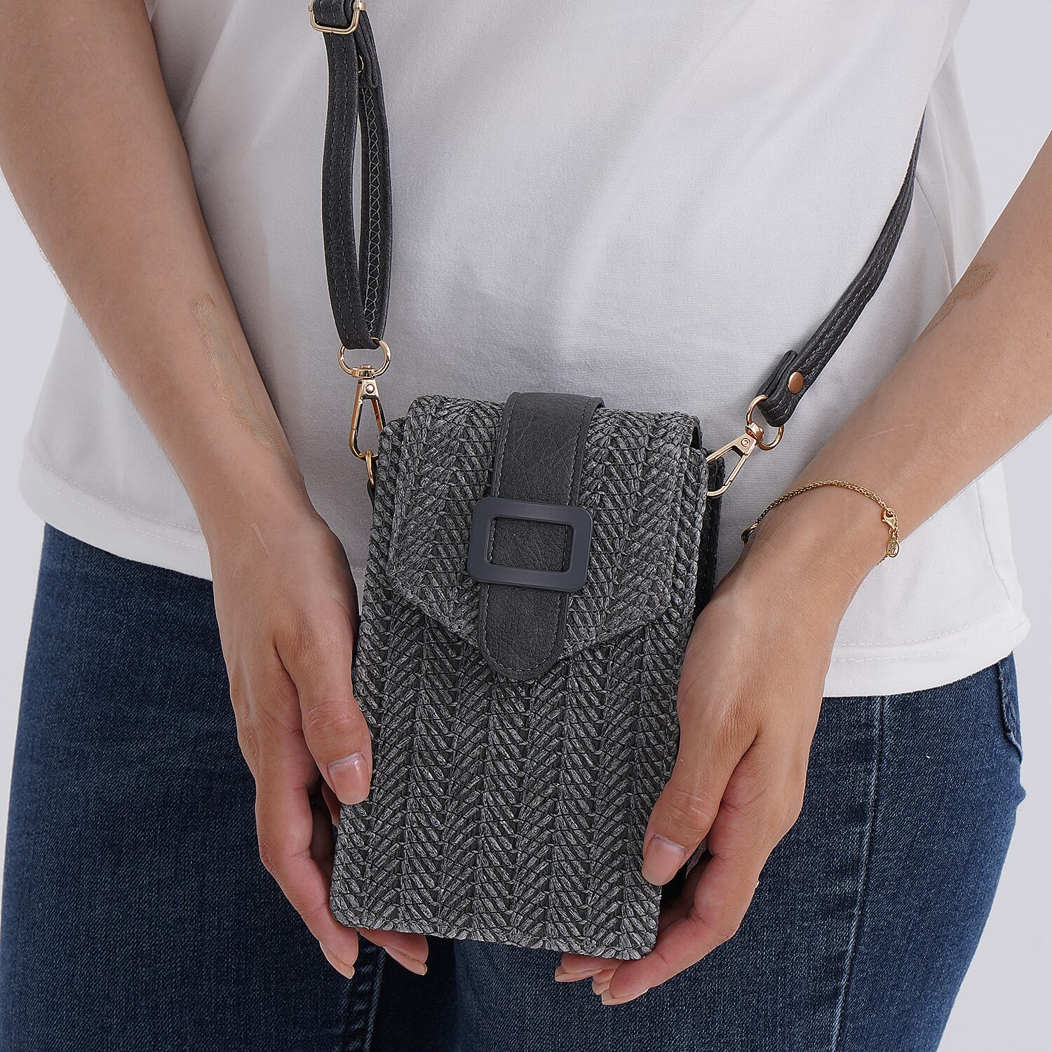 Herringbone Pattern Woven Crossbody Bag - Grey