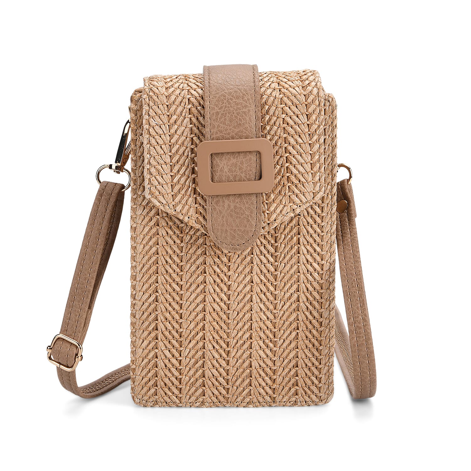 Herringbone Pattern Woven Crossbody Bag - Light Brown