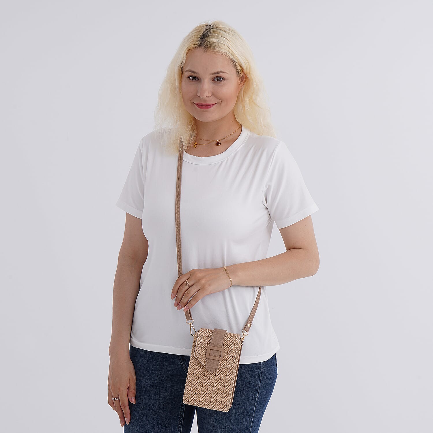 Herringbone Pattern Woven Crossbody Bag - Light Brown