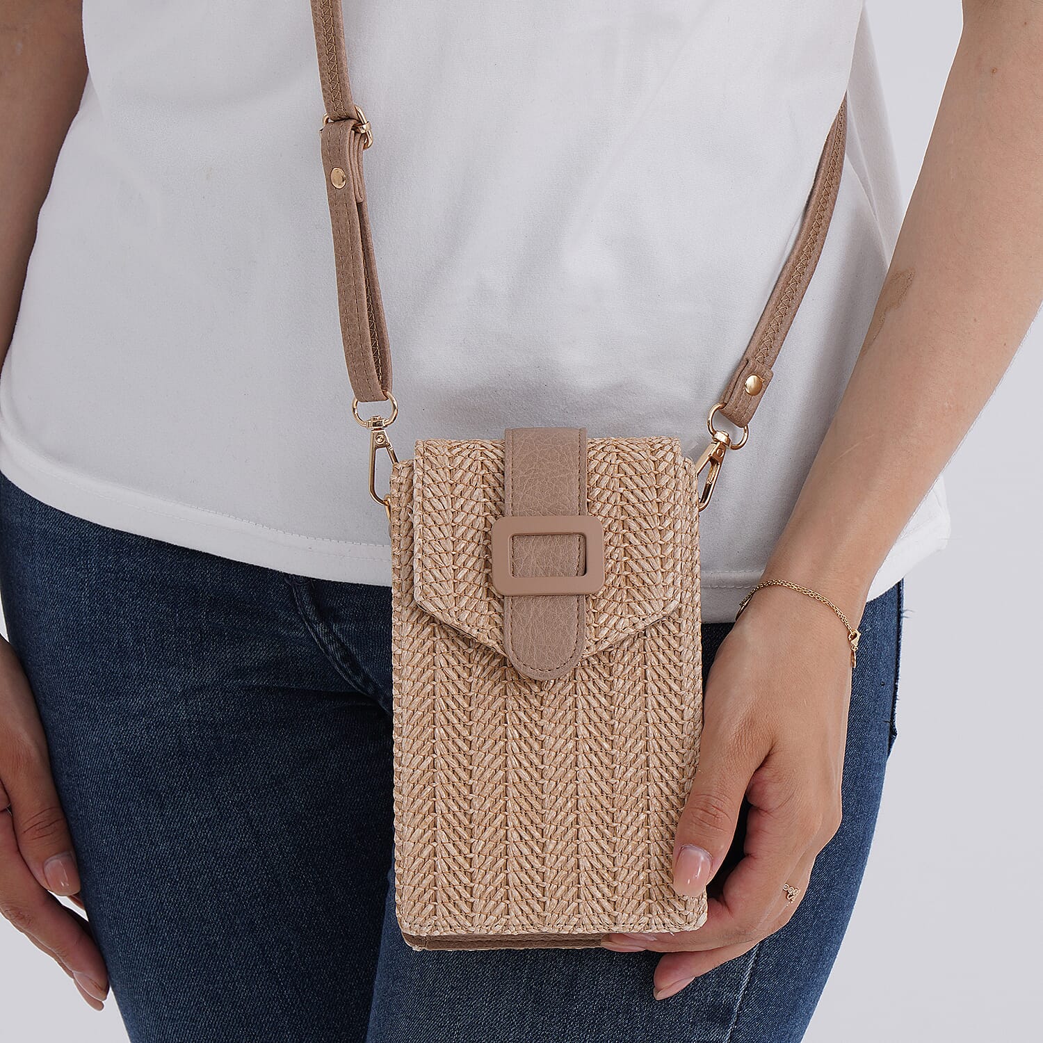 Herringbone Pattern Woven Crossbody Bag - Light Brown