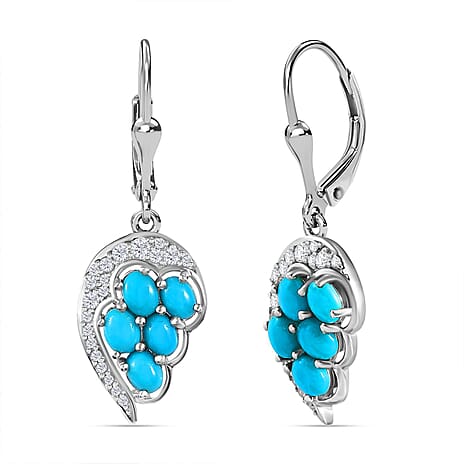Sleeping Beauty Turquoise & White Zircon Cluster Earring with Lever Back in Rhodium Overlay Sterling Silver 2.33 Ct.