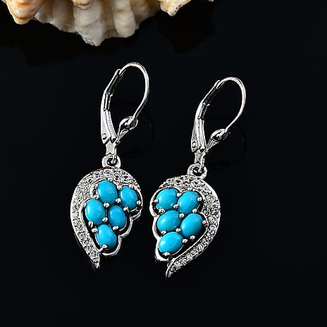 Sleeping Beauty Turquoise & White Zircon Cluster Earring with Lever Back in Rhodium Overlay Sterling Silver 2.33 Ct.