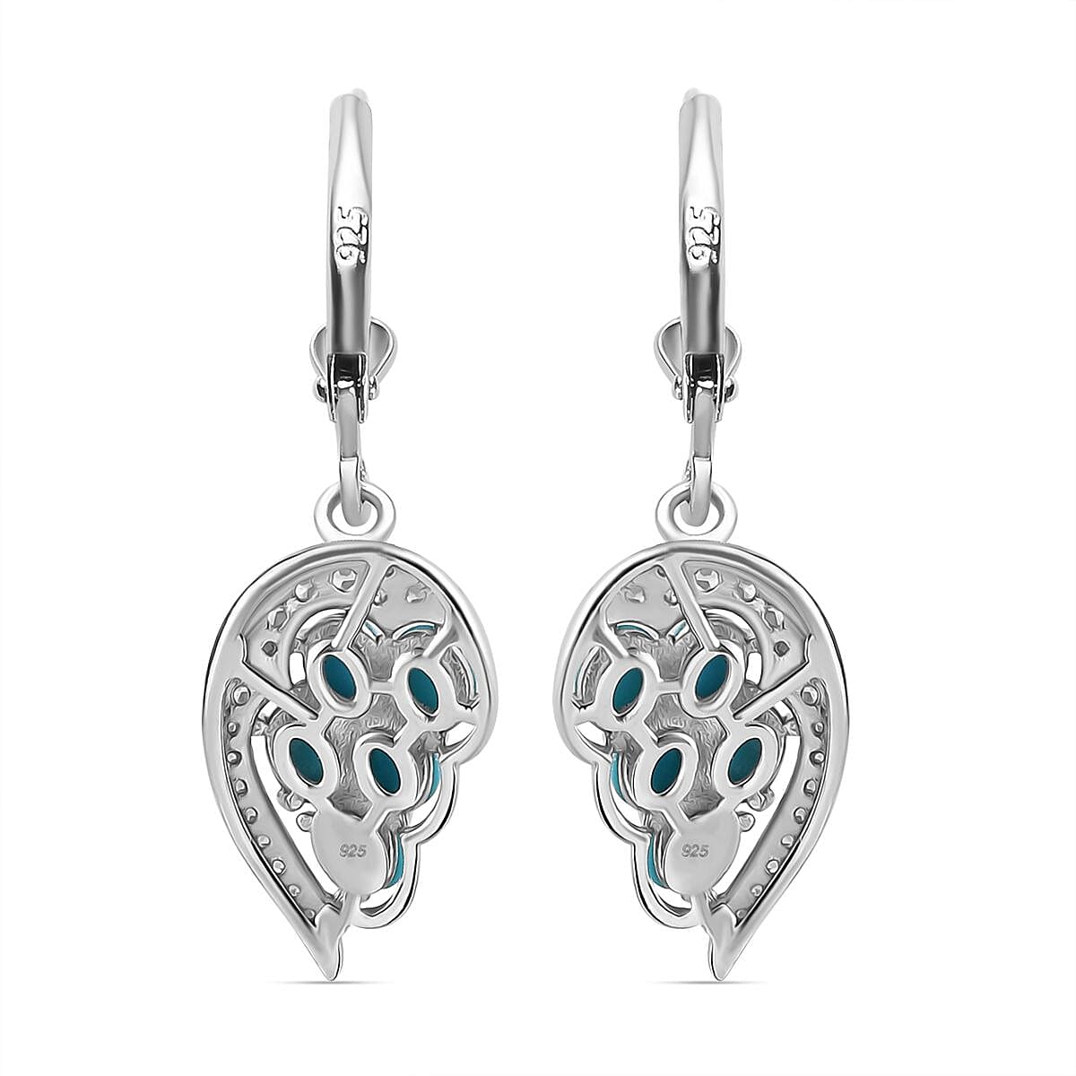 Sleeping Beauty Turquoise & White Zircon Cluster Earring with Lever Back in Rhodium Overlay Sterling Silver 2.33 Ct. Sleeping Beauty Turquoise & White Zircon Cluster Earring with Lever Back in Rhodium Overlay Sterling Silver 2.33 Ct.