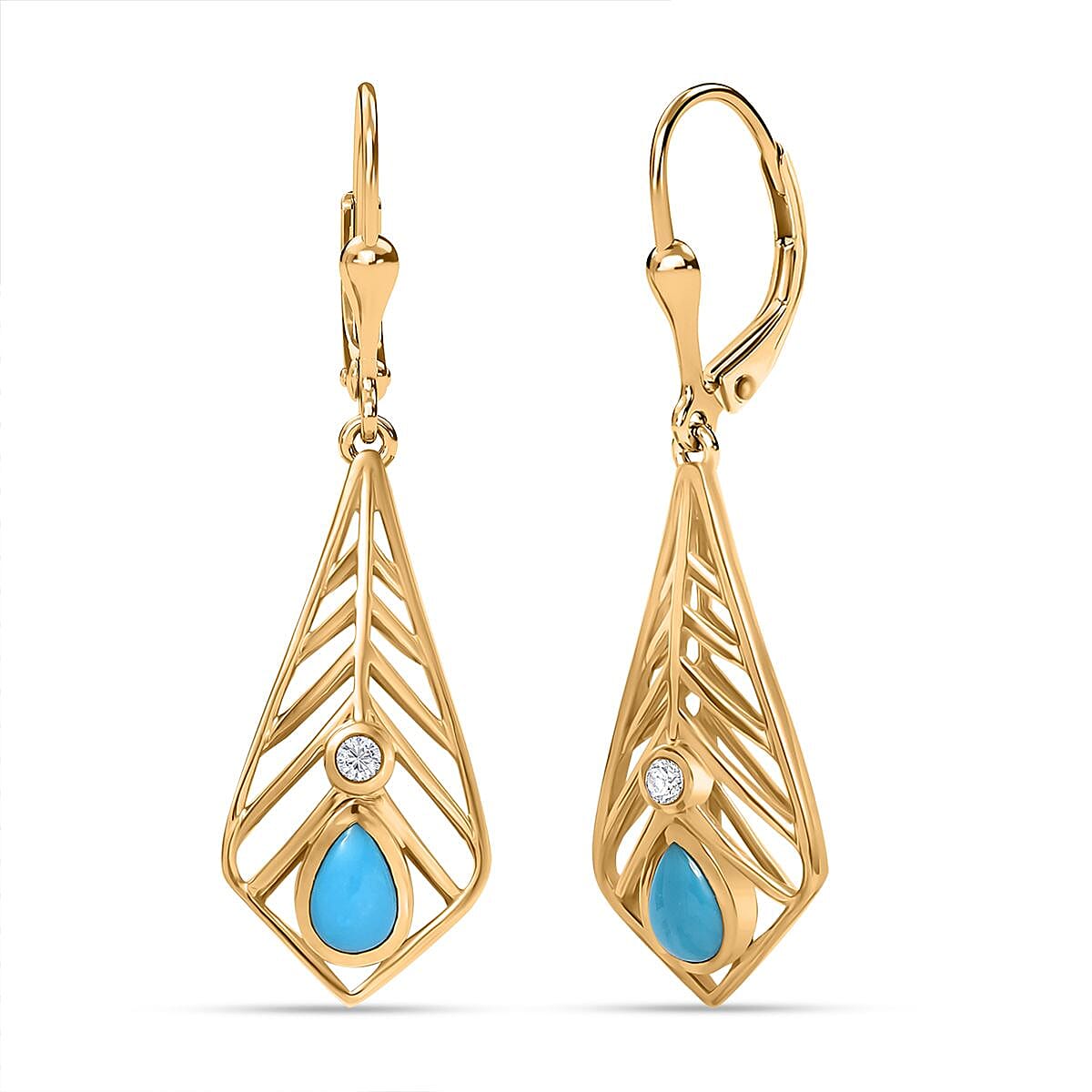 Sleeping Beauty Turquoise & White Zircon Earring with Lever Back in 18K Vermeil Yellow Gold Plated Sterling Silver 0.93 Ct.