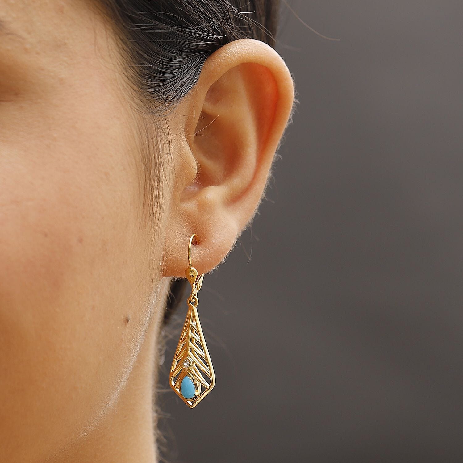 Sleeping Beauty Turquoise & White Zircon Earring with Lever Back in 18K Vermeil Yellow Gold Plated Sterling Silver 0.93 Ct.