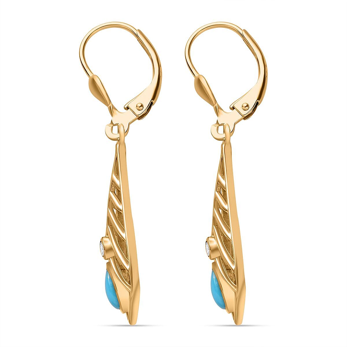 Sleeping Beauty Turquoise & White Zircon Earring with Lever Back in 18K Vermeil Yellow Gold Plated Sterling Silver 0.93 Ct.