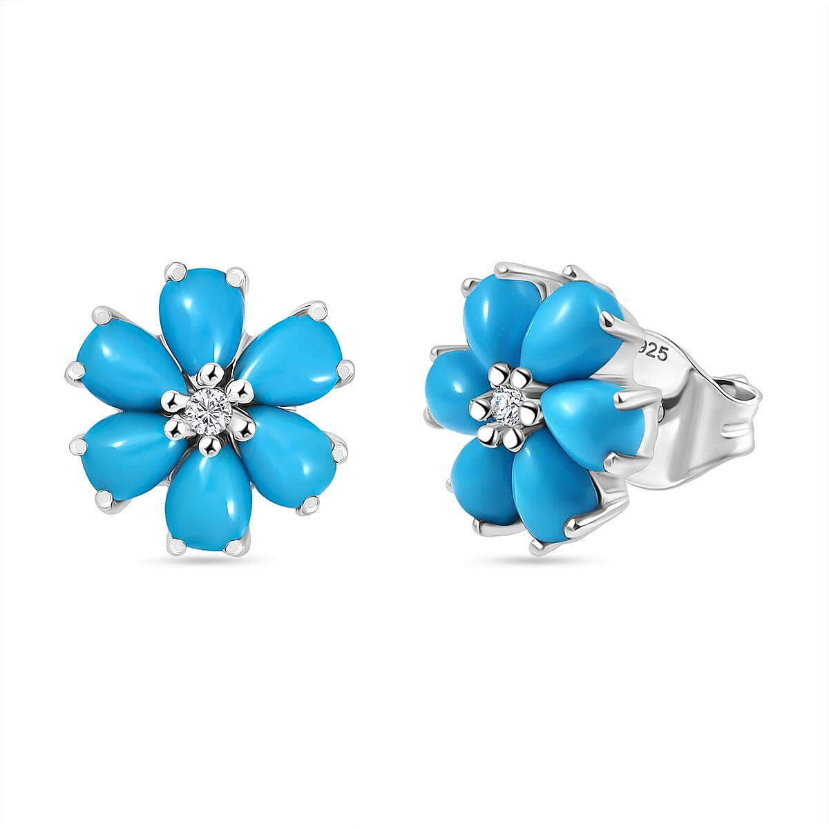 Sleeping Beauty Turquoise & White Zircon Earring with Push Back in Rhodium Overlay Sterling Silver 3.03 Ct.