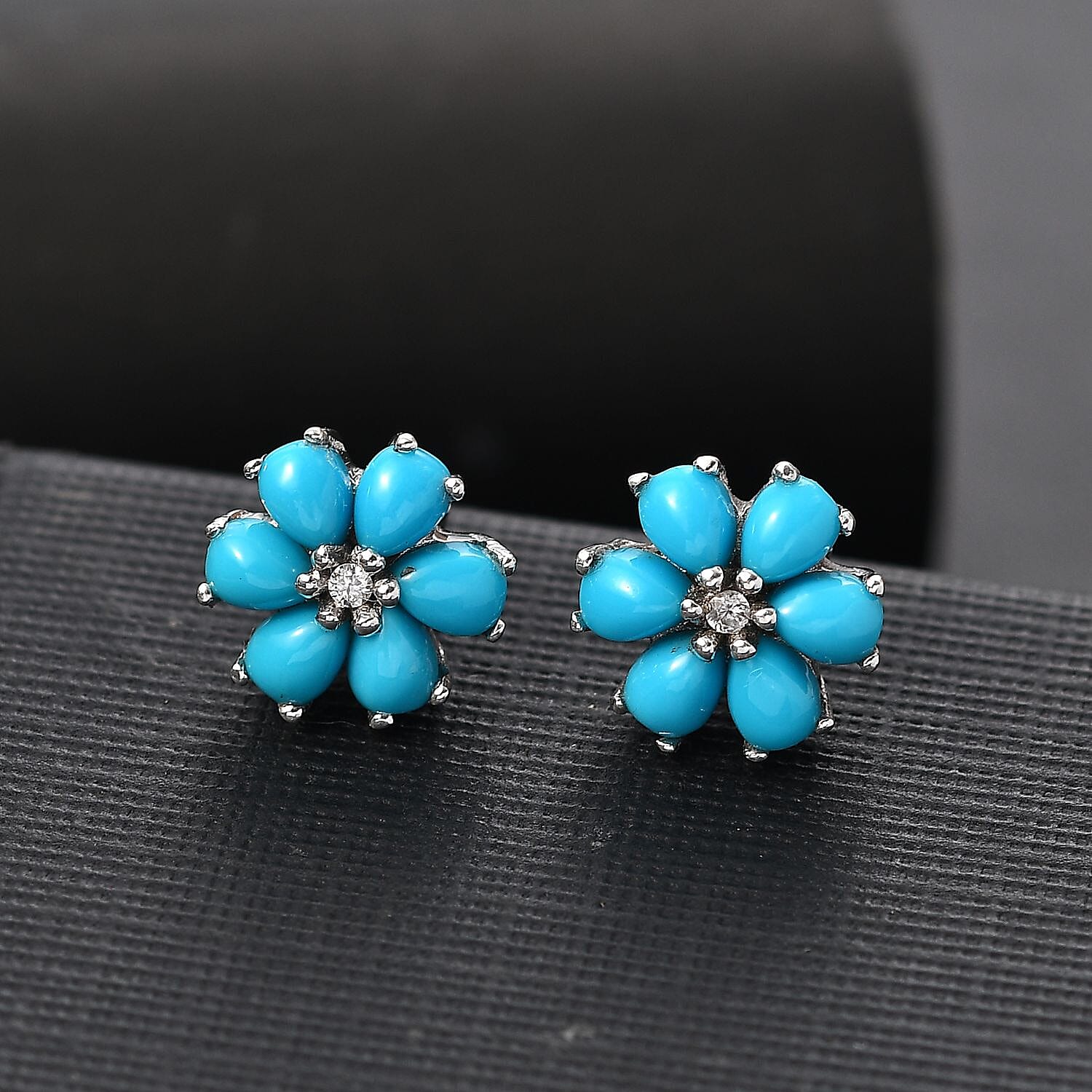 Sleeping Beauty Turquoise & White Zircon Earring with Push Back in Rhodium Overlay Sterling Silver 3.03 Ct.