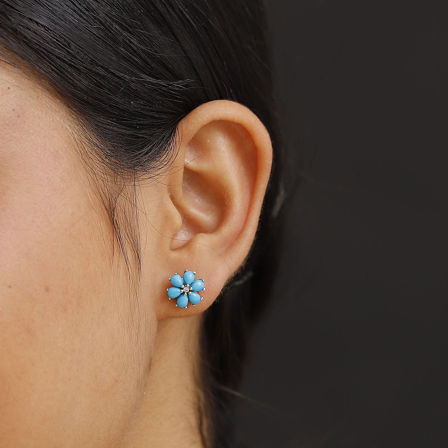 Sleeping Beauty Turquoise & White Zircon Earring with Push Back in Rhodium Overlay Sterling Silver 3.03 Ct.