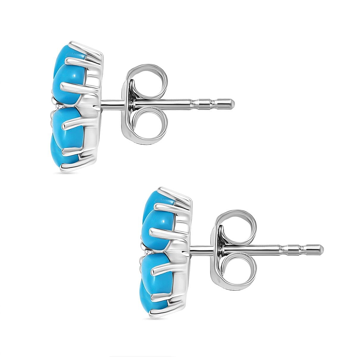 Sleeping Beauty Turquoise & White Zircon Earring with Push Back in Rhodium Overlay Sterling Silver 3.03 Ct.