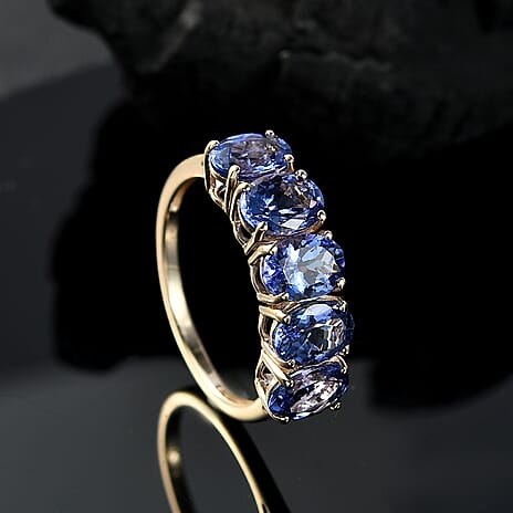 TANZANITE SPECTACULAR - 9K Yellow Gold Premium Tanzanite 5 Stone Ring 4.00 Ct.